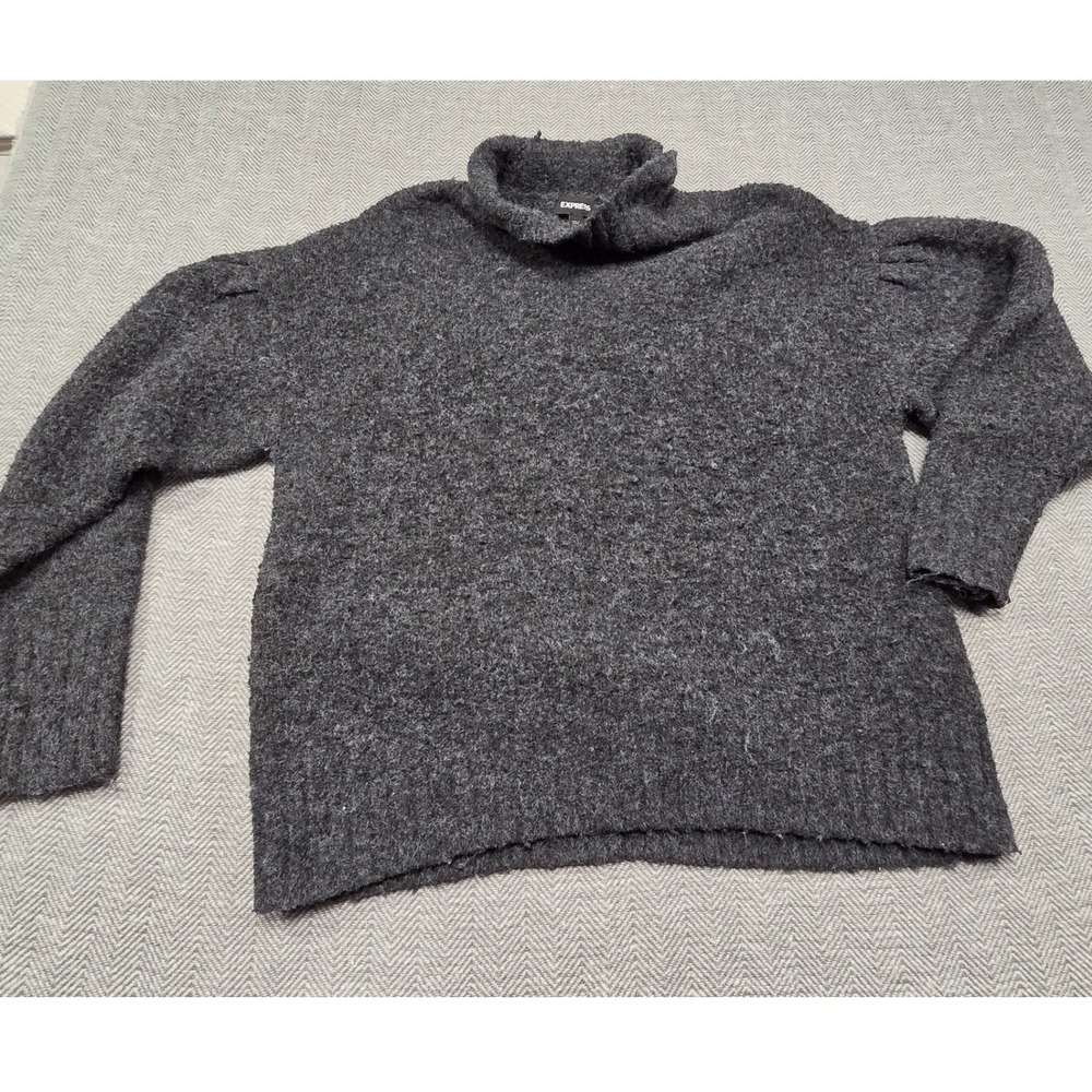 Express Charcoal Grey Funnel Neck Puff Shoulder Textured Knit Sweater Large